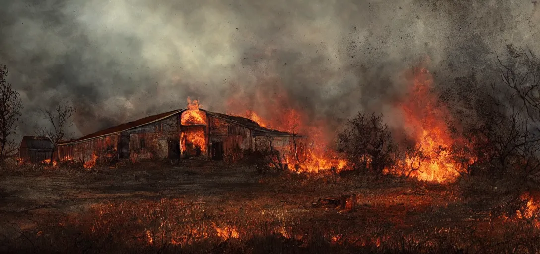 Image similar to full portrait of a desolate farm::forest behind the barn is on fire:: inferno, smoke, flames, dark, gloomy, horror, screaming:: insanely detailed, photorealistic:: cinematic, dramatic lighting,