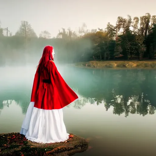 Image similar to beautiful lady with white long hair and dressed with a red victorian cloak, standing in a lake, mist, morning light, dreamy atmosphere, cinematic