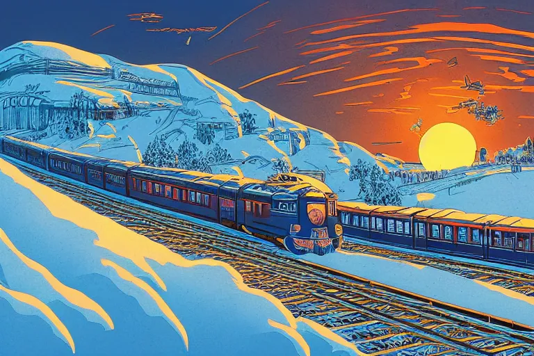 Prompt: trans - siberian express train illustration by joe fenton and syd mead and p. craig russell and barry windsor - smith, artstation, 4 k, graphic novel, concept art, matte painting, beautiful russian winter landscape sunset background, golden hour, art nouveau