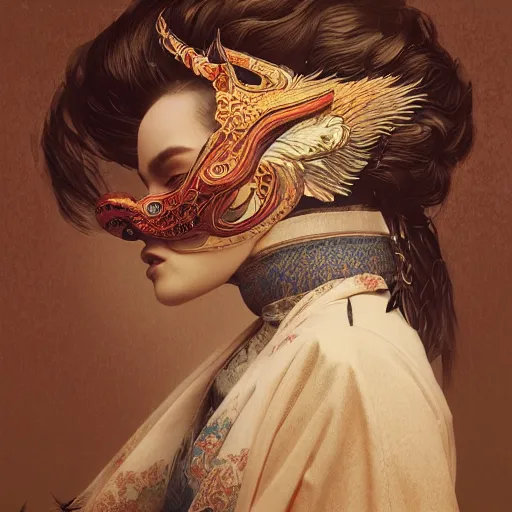 Prompt: a photorealistic dramatic fantasy render of a beautiful woman wearing a beautiful intricately detailed japanese cow kitsune mask and clasical japanese kimono by wlop, artgerm, greg rutkowski, alphonse mucha, beautiful dynamic dramatic dark moody lighting, shadows, cinematic atmosphere, artstation, concept design art, octane render, 8 k