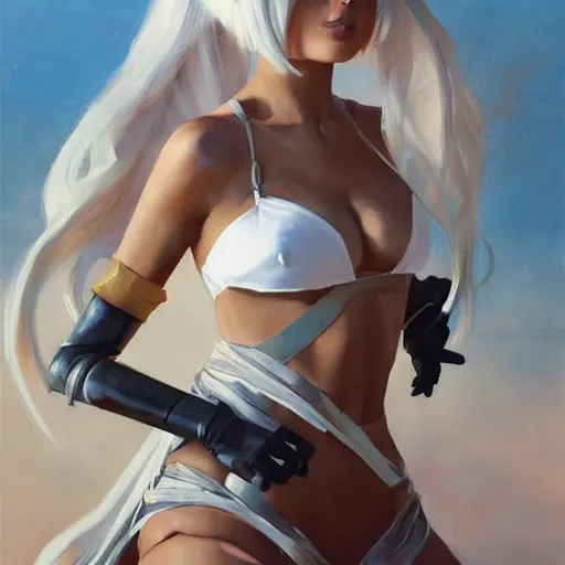 Image similar to greg manchess portrait painting of 2 b nier automata in a bikini, white long hair, organic painting, sunny day, matte painting, bold shapes, hard edges, street art, trending on artstation, by huang guangjian and gil elvgren and sachin teng