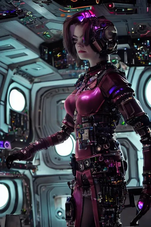 Image similar to emma stone as a cyberpunk warrior wearing armor made out of computer circuits standing on the command deck of a spaceship, cosplay, high resolution film still