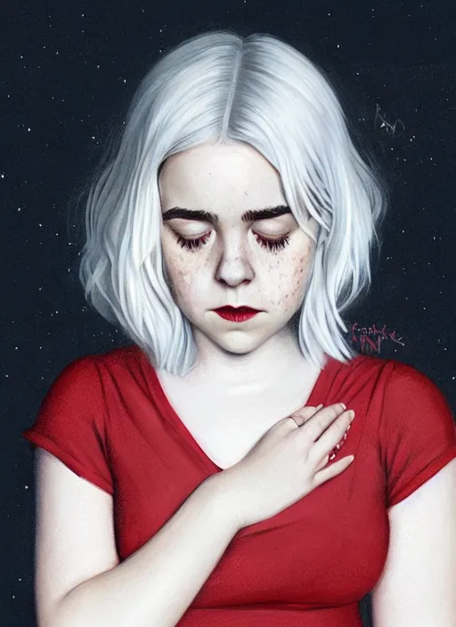 Image similar to full body portrait, kiernan shipka as sabrina spellman, white hair, obese, bangs, sultry, realistic, sultry smirk, fluffy bangs, freckles, fat, belly, intricate, elegant, highly detailed, digital painting, artstation, concept art, smooth, sharp focus, illustration, art by wlop, mars ravelo and greg rutkowski