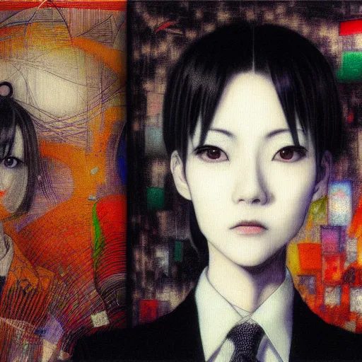 Image similar to yoshitaka amano blurred and dreamy realistic three quarter angle portrait of a young woman with short hair and black eyes wearing office suit with tie, junji ito abstract patterns in the background, satoshi kon anime, noisy film grain effect, highly detailed, renaissance oil painting, weird portrait angle, blurred lost edges