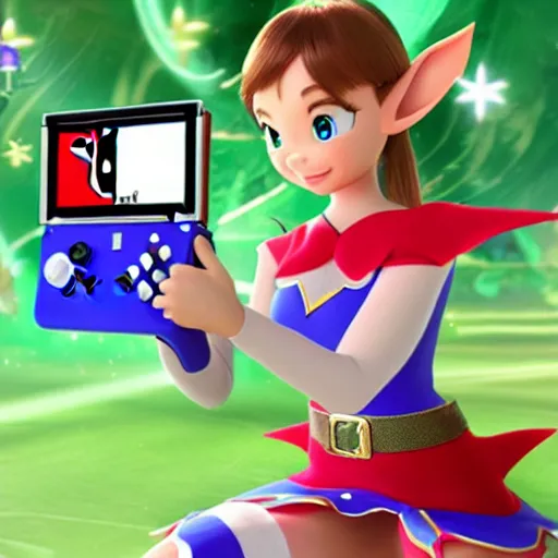 Prompt: Elf girl from a magical world playing a Nintendo Switch