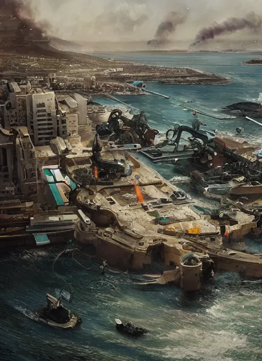Image similar to hyper realistic squid robot attacking cape town city harbor explosions, atmospheric beautiful details, strong composition painted by kim jung giu weta studio rutkowski, james gurney and greg rutkowski, and lucasfilm