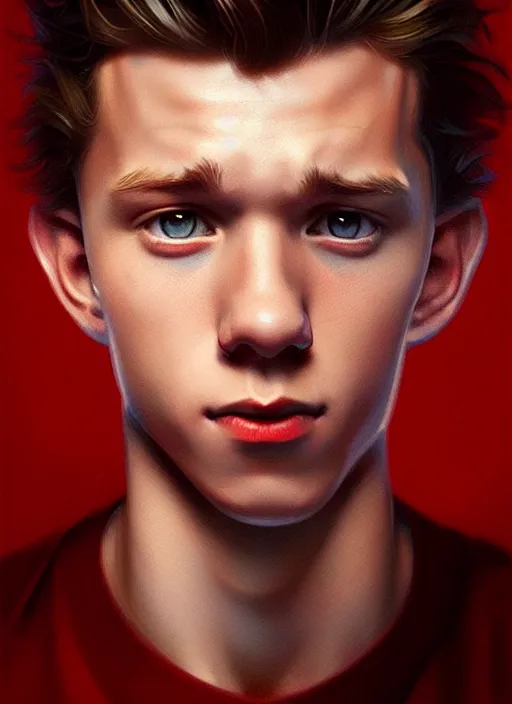 Image similar to portrait of tom holland with hazel eyes, hazel eyes, red shirt, intricate, elegant, glowing lights, highly detailed, digital painting, artstation, concept art, smooth, sharp focus, illustration, art by wlop, mars ravelo and greg rutkowski