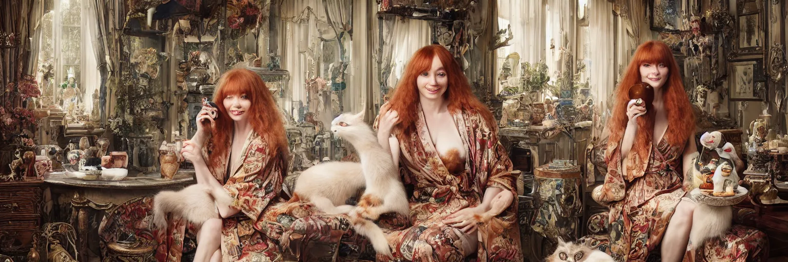 Image similar to a stunning hyper-detailed photorealistic painting of a solitary slender beautiful smiling woman with long ginger hair and bangs, wearing a luxurious silk robe, wearing headphones and posing with her large ginger tabby cat and her raccoon and parrots in an overstuffed easy chair in her sunlit victorian living room, holding a porcelain parrot-shaped coffee mug and a donut, perfect eyes, fashion photography, cinematic lighting, octane render, IBEX Masters, unreal engine, 85 mm lens,
