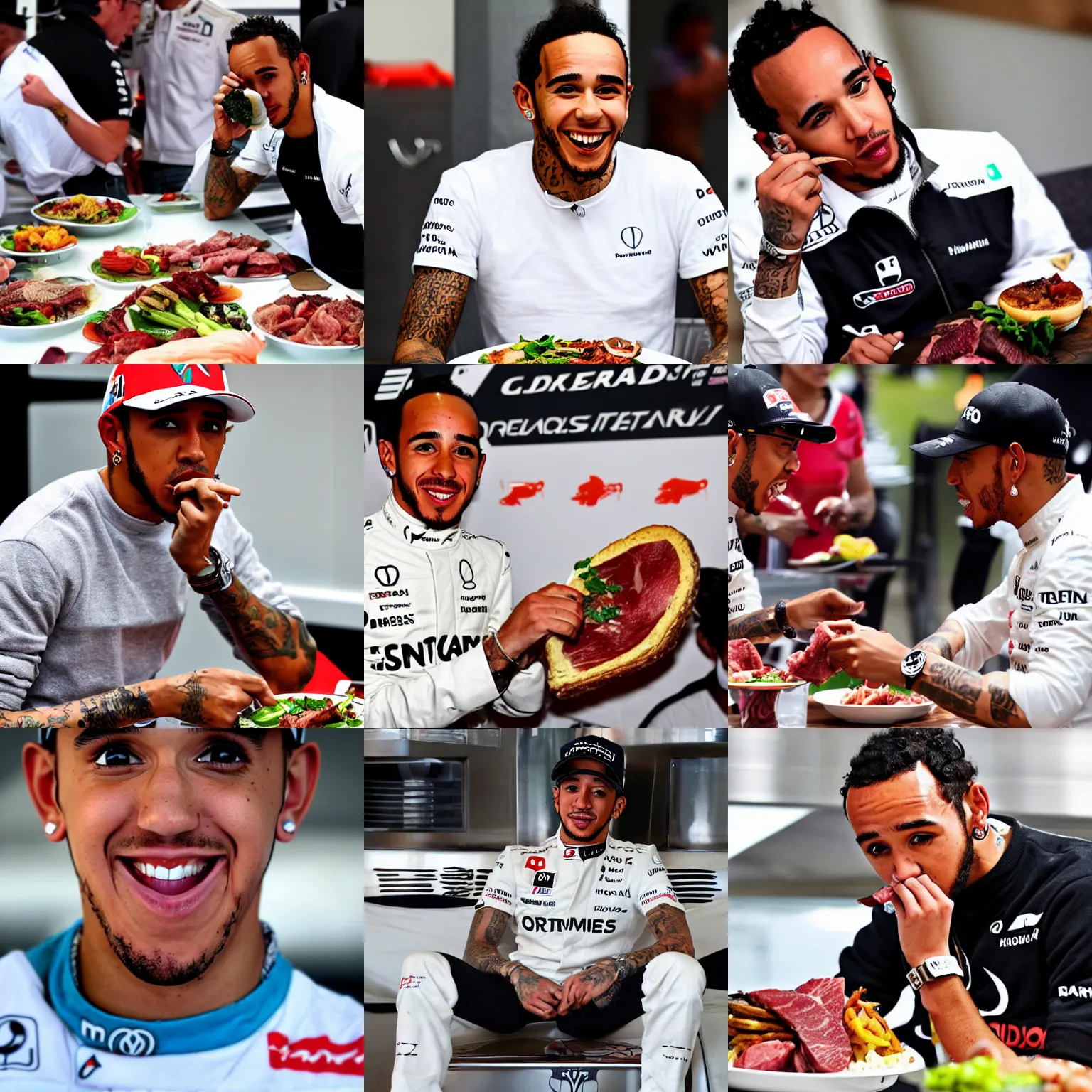 Prompt: lewis hamilton eating meat