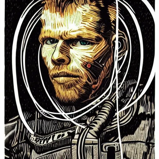 Image similar to Illustrated by Shepard Fairey and H.R. Giger | ((Cyberpunk Van Gogh with VR helmet, surrounded by cables))