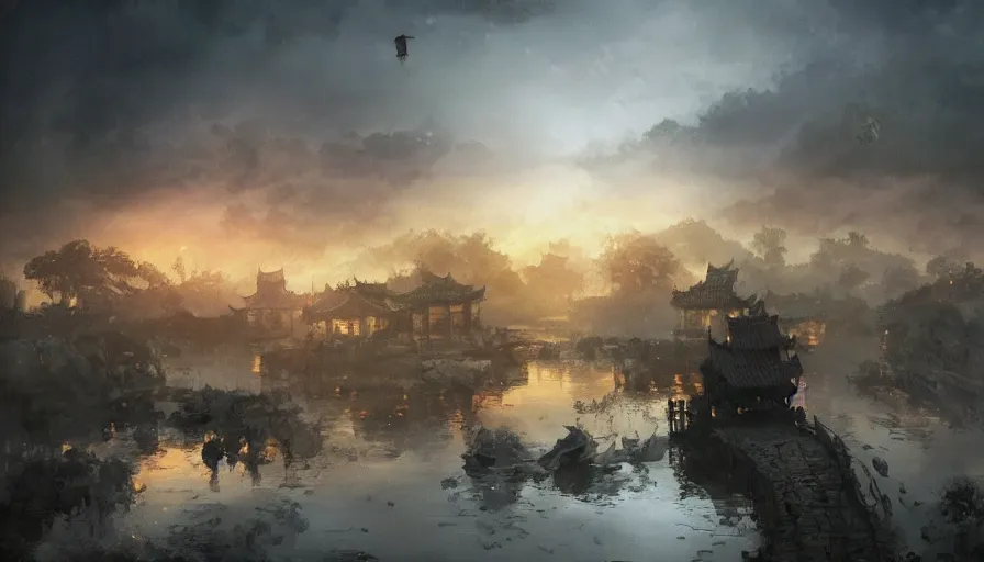 Prompt: craig mullins and wenjun lin zhongyuan festival in fujian ， lanterns in the sky ， river ， dark sky ， fire clouds ， ， village ， ghost ， unreal engine, hyper realism, realistic shading, cinematic composition, realistic render, octane render, detailed textures, photorealistic, wide shot