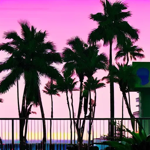 Image similar to hotel california, motel, swimmingpool, sunset, palms, beach, sunset, vaporwave, pink, blue, green, purple, aesthetic.