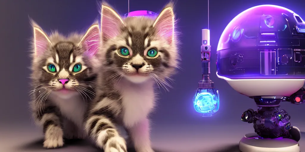 Image similar to a 3 d rendered movie still a cute robotic kitten with rgb ambient lighting implants. the robot maine coon kitten. in the background is a cyberpunk cat tree with rgb dramatic lighting. science fiction blockbuster movie from the future, imax 7 0 mm. octane 3 d render, style of mandalorian ( american space western television series )