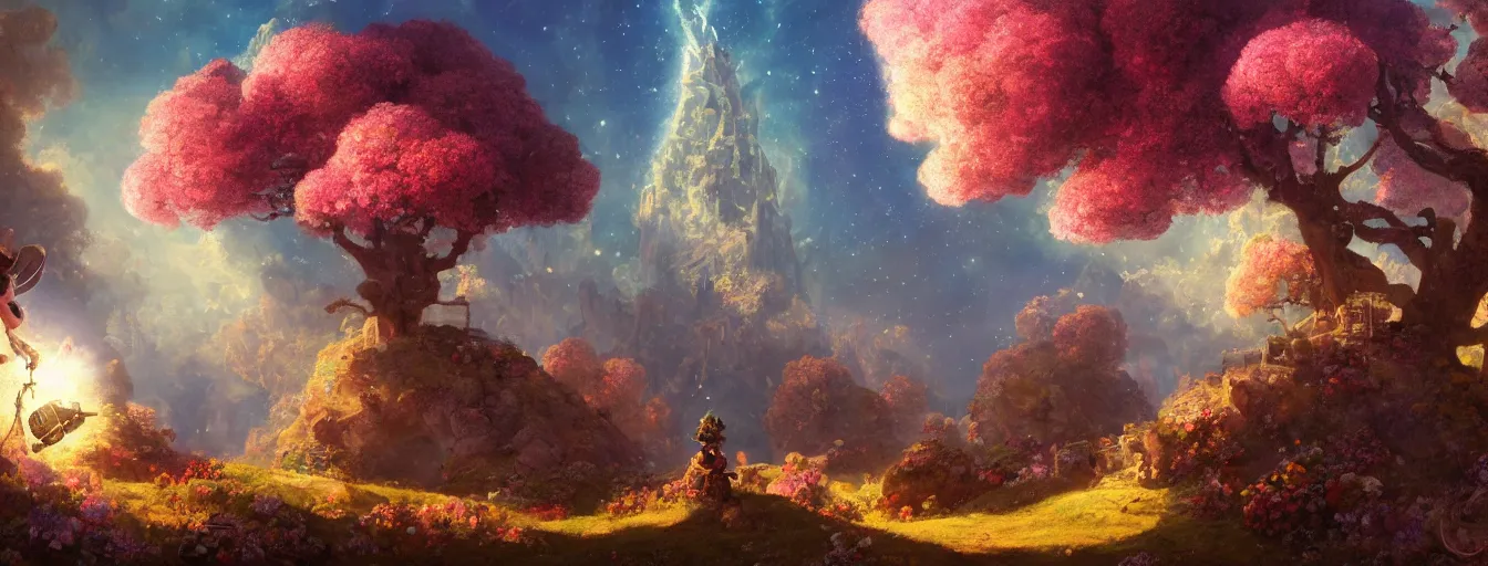 Image similar to a beautiful landscape painting of steampunk landscape, a junk nebula in the sky, galaxies visible, giant trees and colourful flowers, a tiny girl looking on with her talking cat, by jean - honore fragonard and don bluth and makoto shinkai, light rays, trending on artstation, octane render