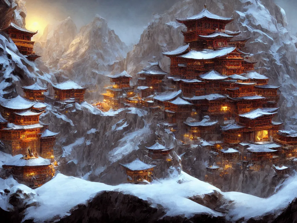 Image similar to shaolin monastery on snowy mountain, rope ladder everywhere, trending on artstation, by frank frazetta, concept art, digital art, cool color palette, 8 k, sad, incandescent, cinematic lighting, ray tracing ambient occlusion, in a symbolic and meaningful style, insanely detailed and intricate, hypermaximalist, elegant, ornate, hyper realistic, super detailed