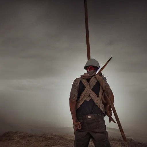 Prompt: cinematic shot of a man wearing a crown jewel at a construction site and a leader of the team he is holding a spear. cinematic photograph, atmospheric, foggy, majestic, epic