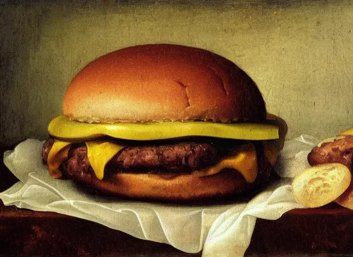 Prompt: a beautiful renaissance painting of a hamburger in style of John Singer Sargant, still life, Velasquez, trending on artstation