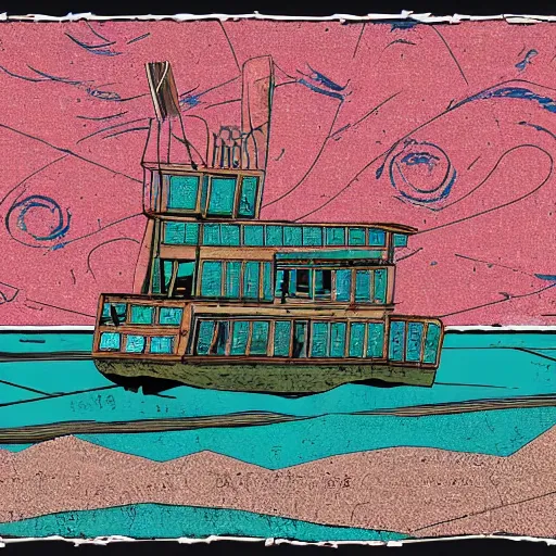 Image similar to an abandoned ship on the aral sea desert, in the style of daniel johnston and outsider art, 8 k, line brush, graduated colors, overlaid with cyrillic adverts