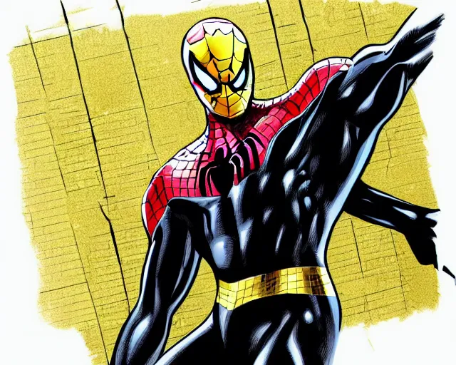 Image similar to photorealistic sketch of black spider - man with gold webbing