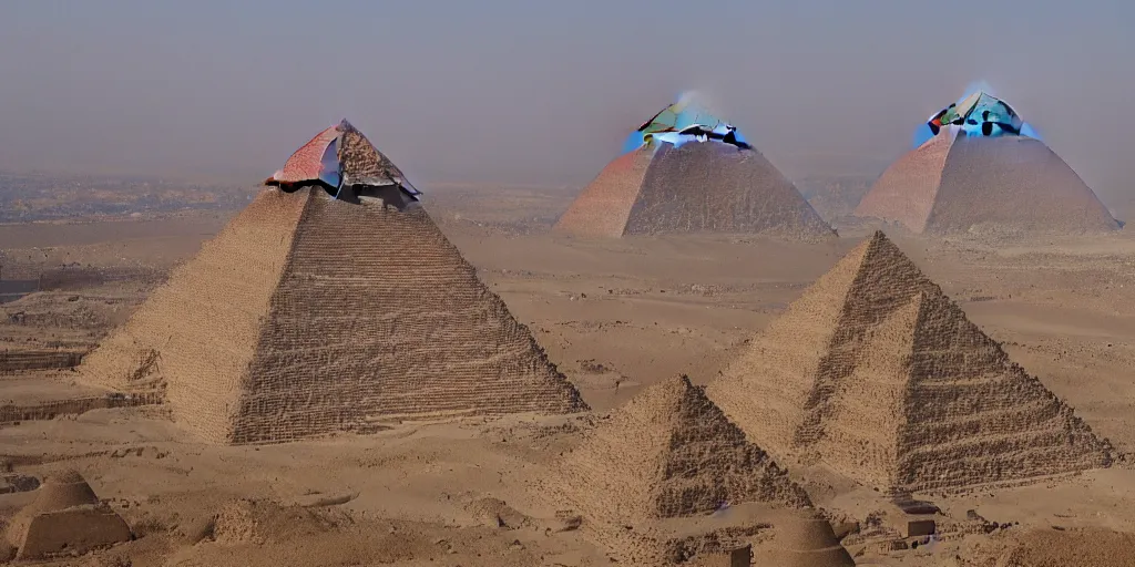 Prompt: A giant mountain in an areal shot of ancient egypt in front of the Pyramids