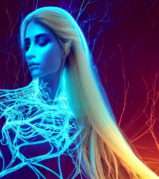 Image similar to bioluminescent long exposure light painting of a beauteous biomechanical practical sumptuous full frame photo realistic face, lifelike incredible hair, crystalline masterpiece incrustations, hyperdetailed face, elegant pose, movie still, intricate, octane render, cinematic forest lighting,