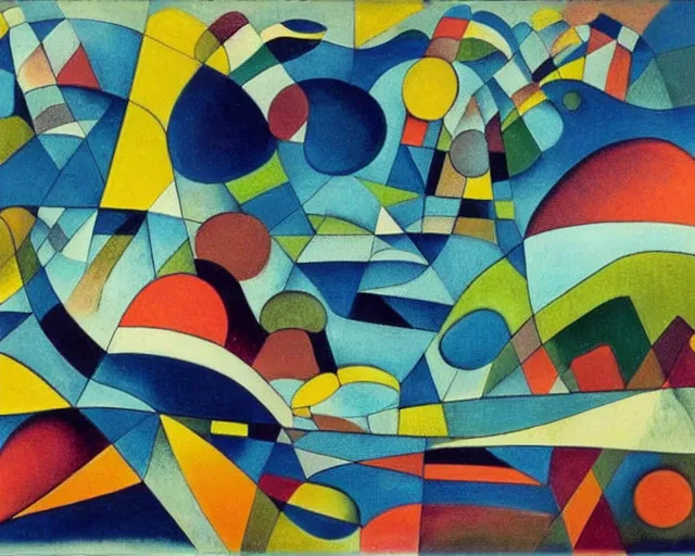 Image similar to A wild, insane, modernist landscape painting. Wild energy patterns rippling in all directions. Curves, organic, zig-zags. Saturated color. Mountains. Clouds. Rushing water. Waves. Sci-fi dream world. Kandinsky. Yves Tanguy. Paul Klee.