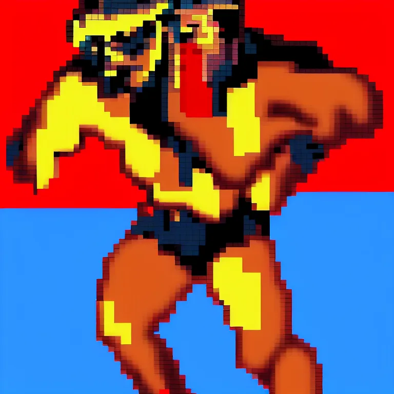 Prompt: full body portrait. 8 bit nes graphics. antropomorphic muscular masculine wolf. kickboxer fighter, in shorts. wolf head. furr on body. red, black, yellow, blue, magenta, pink colors