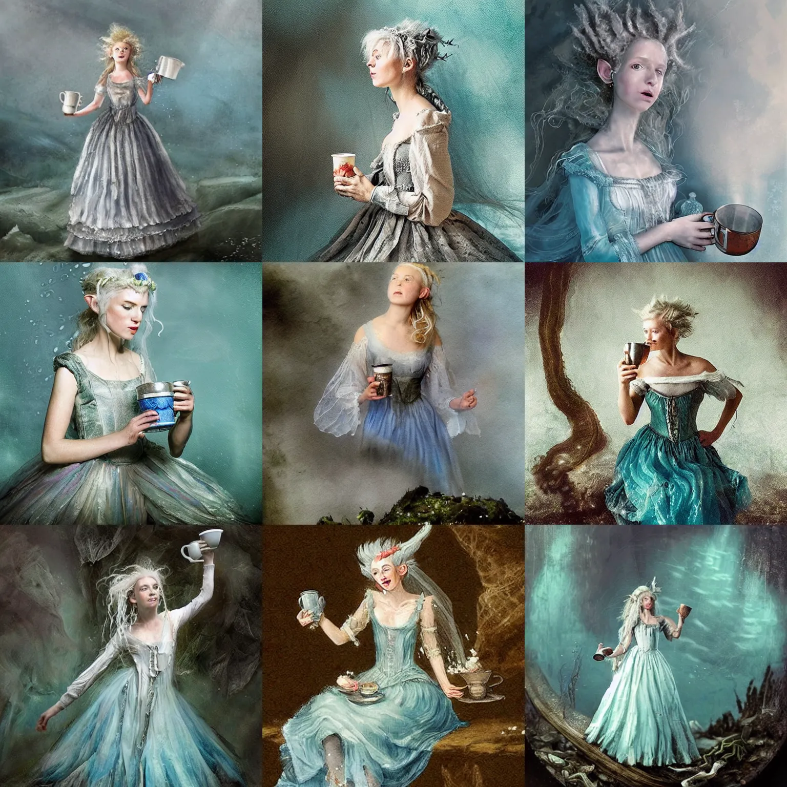 Prompt: A 18th century, messy, silver haired, (((mad))) elf princess, dressed in a ((ragged)), wedding dress, is ((drinking a cup of tea)). Everything is underwater and floating. Greenish blue tones, theatrical!, ((((underwater lights)))), fantasyconcept art by Claude Monet, inspired by John Singer Sargent's Lady Macbeth