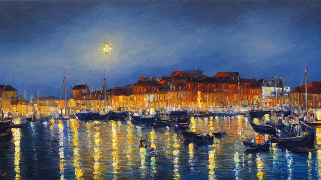 Prompt: big beautiful painting of a european port at night, calm sea, clear sky, boats, cafes at the beach road, people, oil on canvas, naturalism