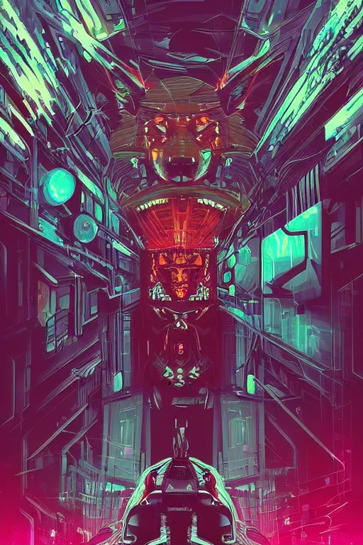Prompt: portrait of a wolf in a future cybernetic city with thunders in the sky , outrun style and colours, trending on arstation, by dan mumford, by ross tran, symmetry