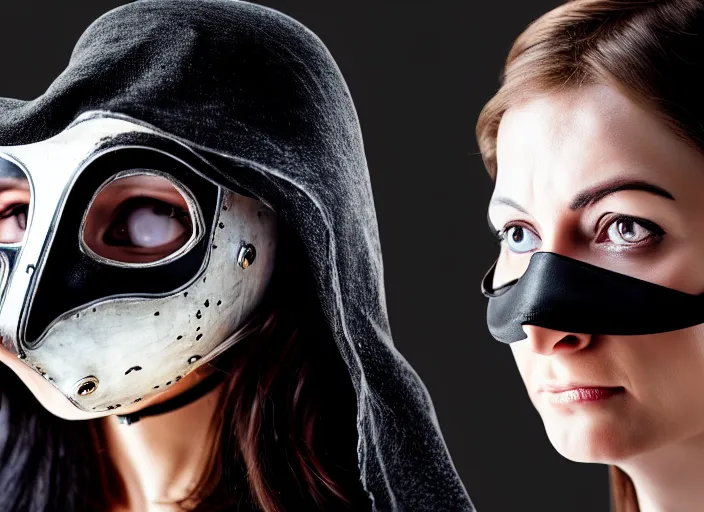 Image similar to photograph of a woman with a plague doctor mask staring at zombies, 8k resolution, high detail, ULTRA REALISTIC VFX, reflections