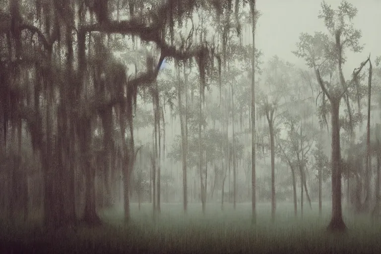 Image similar to scene from louisiana swamps, farm, big oak, pentagram, voodoo, artwork by tim eitel