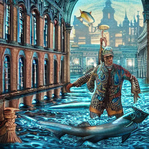 Image similar to fish swimming through a flooded city, deep aesthetic, hyper realism, highly ornate intricate details, 1 9 2 0's colored pencil, 4 k, cinematic lighting,