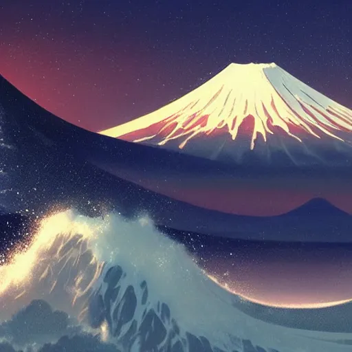 Image similar to Giant Wave with mount fuji in the background, moon in the background,night, elegant, highly detailed, digital painting, artstation, concept art, smooth, sharp focus