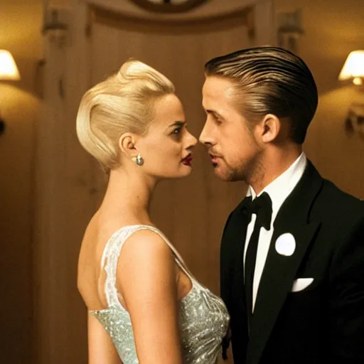 Image similar to still of ryan gosling and margot robbie, in once upon a time in america