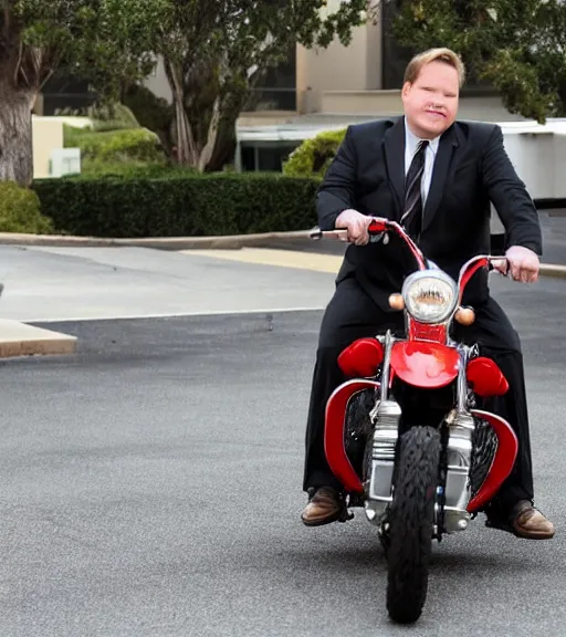 Image similar to Andy Richter is dressed in a black suit and a red necktie and riding a motorcycle into a television studio lot. There are Soundstages and movie caravans on the studio lot. It is a bright afternoon and overcast.