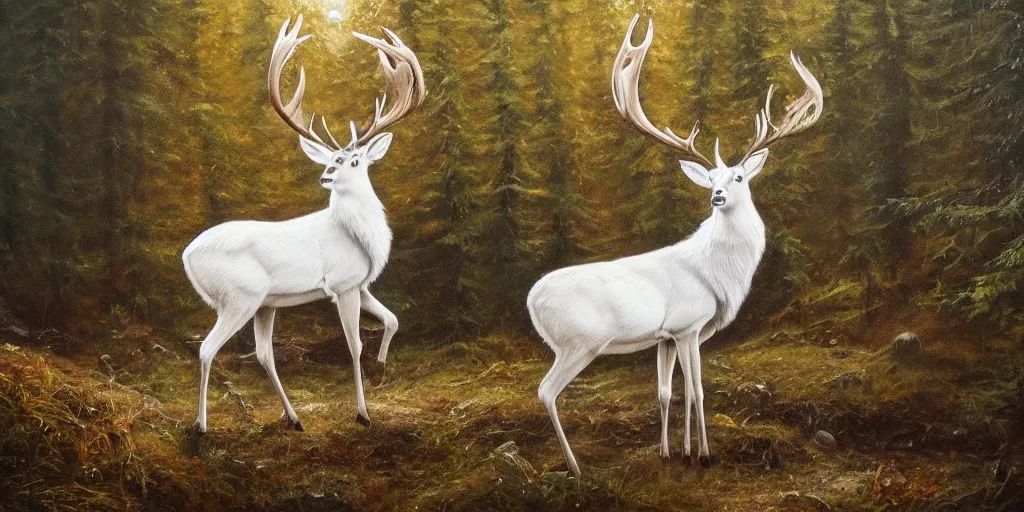 Image similar to an oil painting of the king of the forest: a white stag, beautiful, fantasy, hyper realistic, dramatic lighting, 8k,