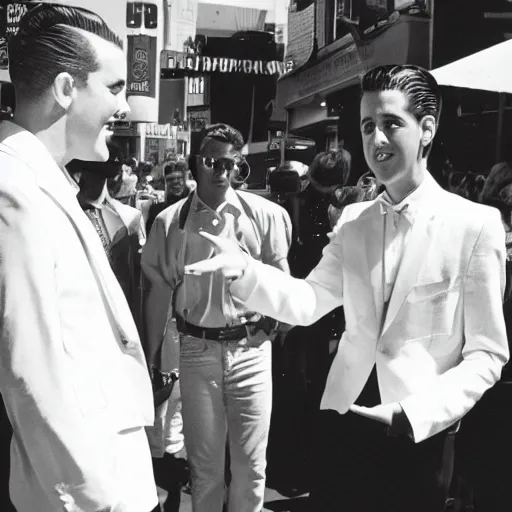 Prompt: G-Eazy meeting Frank Sinatra in the Hollywood Boulevard, filmed by Steven Spielberg