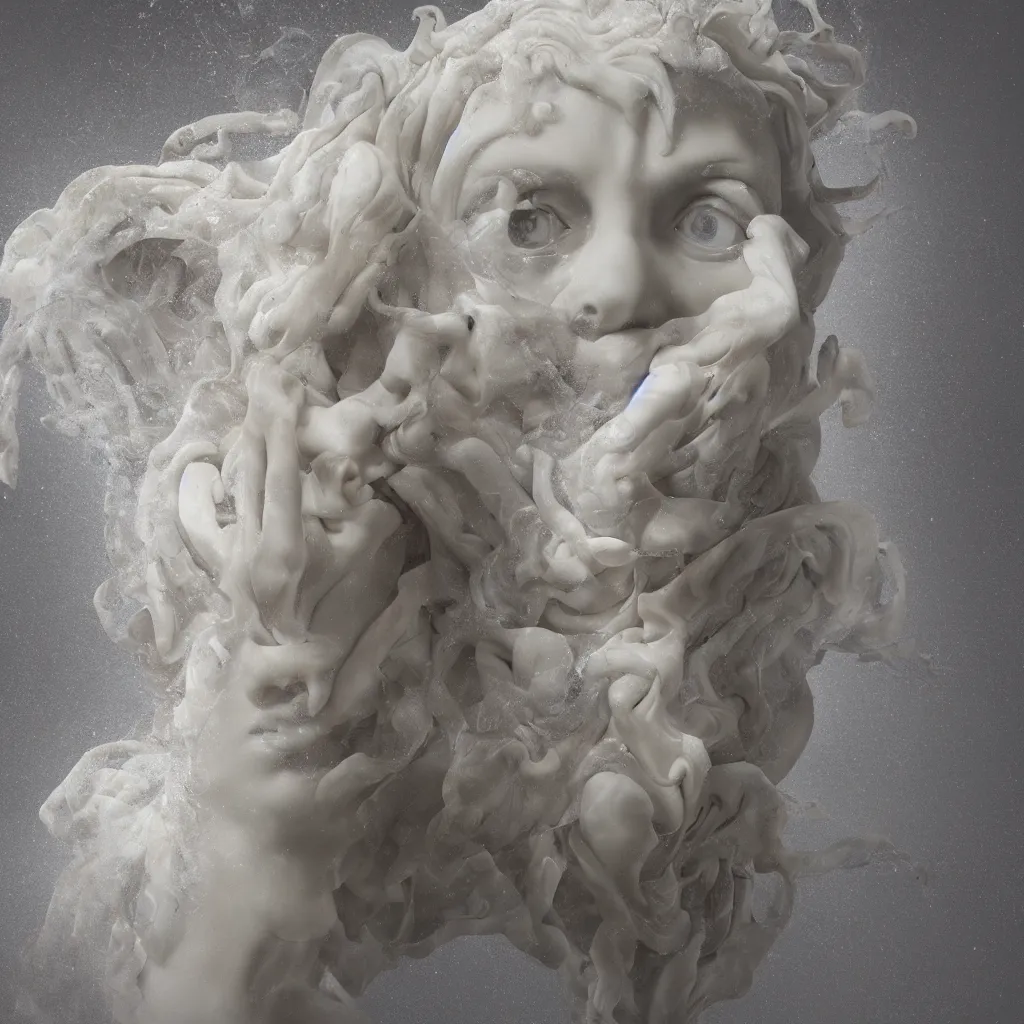 Image similar to realistic digital painting of a stunning intricate cracked white marble falling angel with face of piero angela bernini sculpture, trailing white vapor, mycelium stands and misty xparticles neutral tone background, trending on artstation, hyperrealism, matte painting, subsurface scattering