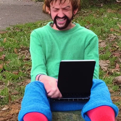 Prompt: shaggy from scooby doo with mismatching socks laptop and laughing