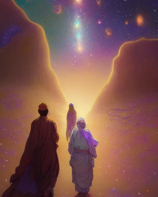 Image similar to bedouin man and woman and child in galaxy walking towards mosque surrounded by nebula, highly detailed, gold filigree, romantic storybook fantasy, soft cinematic lighting, award, disney concept art watercolor illustration by mandy jurgens and alphonse mucha and alena aenami, pastel color palette, featured on artstation