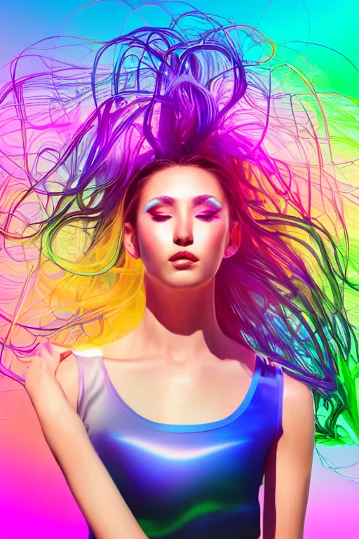 Image similar to a award winning half body portrait of a beautiful woman with stunning eyes in a croptop and leggings with reinbow colored ombre hairstyle head in motion and hair flying while dancing by thomas danthony, surrounded by whirling illuminated lines, outrun, vaporware, shaded flat illustration, digital art, trending on artstation, highly detailed, fine detail, intricate