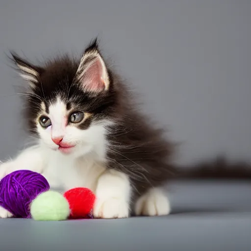 Image similar to a very happy and fluffy kitten wearing knitted clothes playing with a ball of yarn, award-winning photograph, depth of field, 8K UHD