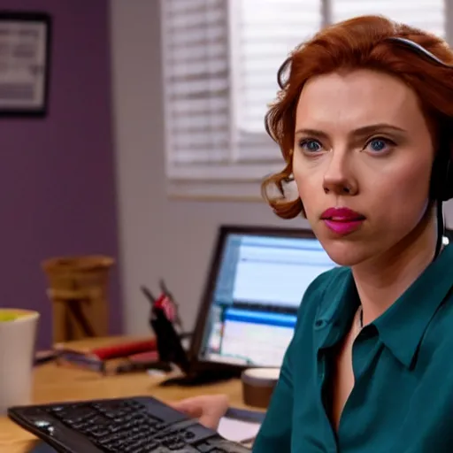 Prompt: Scarlett Johansson as Pam beesly at her desk answering the phone, photoreal broadcast quality