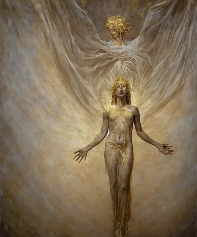 Prompt: Beautiful full-body wax sculpture of a glowing clothed transparent Greek goddess in a glowing dress with visible gold bones covered with melted white wax inside the singularity where stars becoming baroque folds of dark matter by Michelangelo da Caravaggio, Nicola Samori, William Blake, Alex Grey and Beksinski, dramatic volumetric lighting, highly detailed oil painting, 8k, masterpiece
