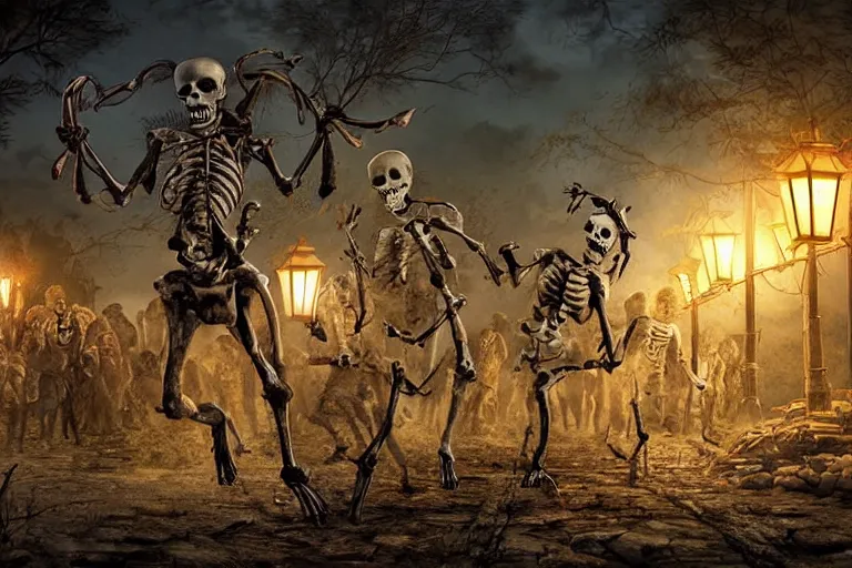 Prompt: zombies corpses and skeletons run into the village, the light of the lanterns, dark night, highly detailed digital art, photorealistic