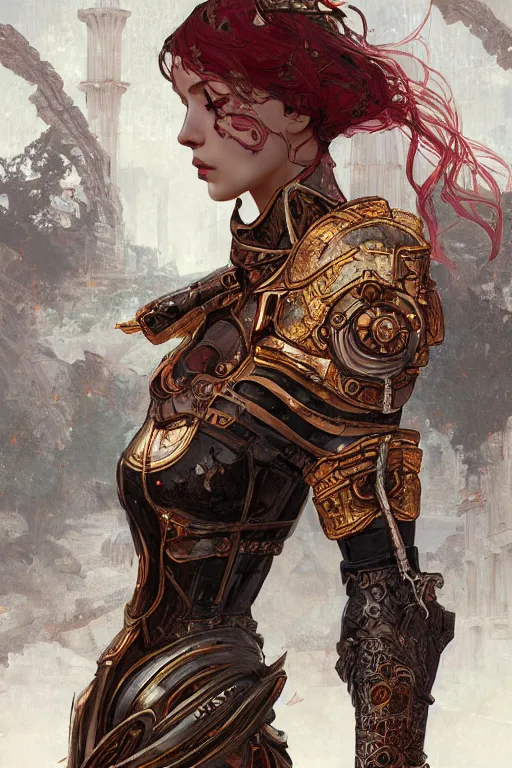 Image similar to portrait knights of Zodiac girl, metallic black and reddish armor, in ruined Agora of Athens, ssci-fi, fantasy, intricate, very very beautiful, elegant, highly detailed, digital painting, artstation, concept art, smooth, sharp focus, illustration, art by tian zi and WLOP and alphonse mucha