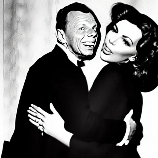 Image similar to Frank sinatra being hugged lovingly by kim kardashian