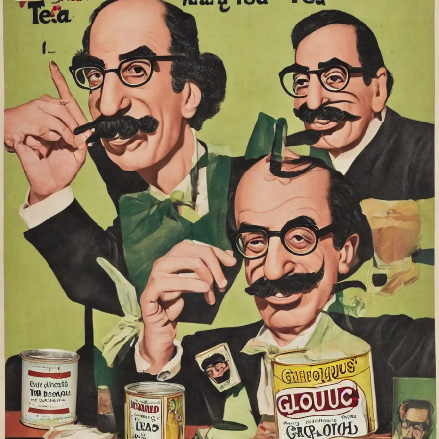 Image similar to advertisement featuring groucho marx on a tin of loose leaf tea