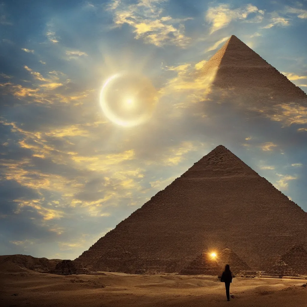 Image similar to “ a woman sees a paradox in front of her unfolding, a golden light shines above, a golden pyramid appears on the horizon, highly detailed in 4 k ”